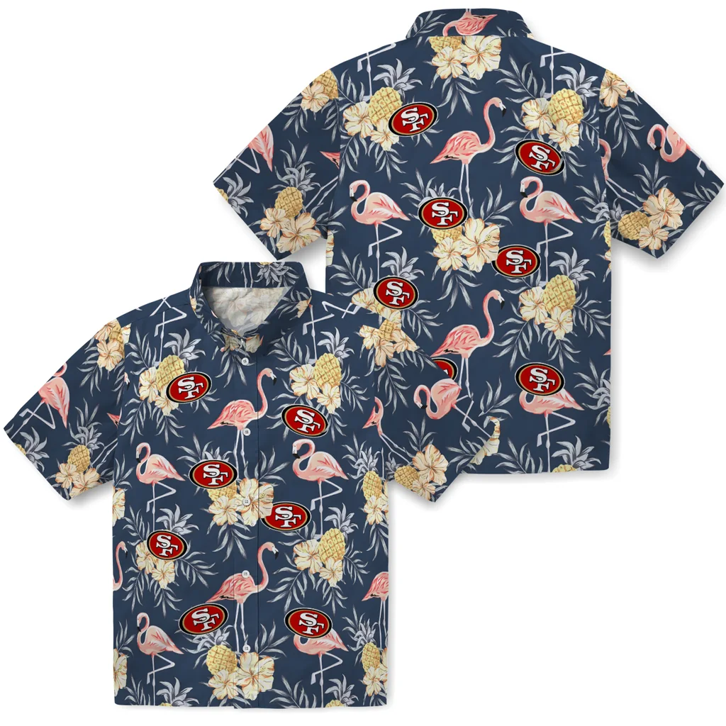 San Francisco 49ers Hawaiian Shirt - Flamingo Hibiscus san francisco 49ers flamingo hibiscus navy hawaiian shirts high quality