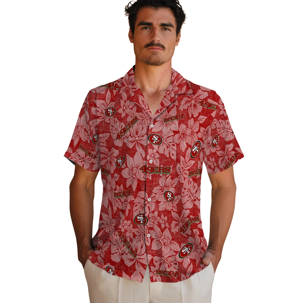 San Francisco 49ers Hawaiian Shirt - Hibiscus Oasis san francisco 49ers hibiscus oasis red hawaiian shirts fashion forward