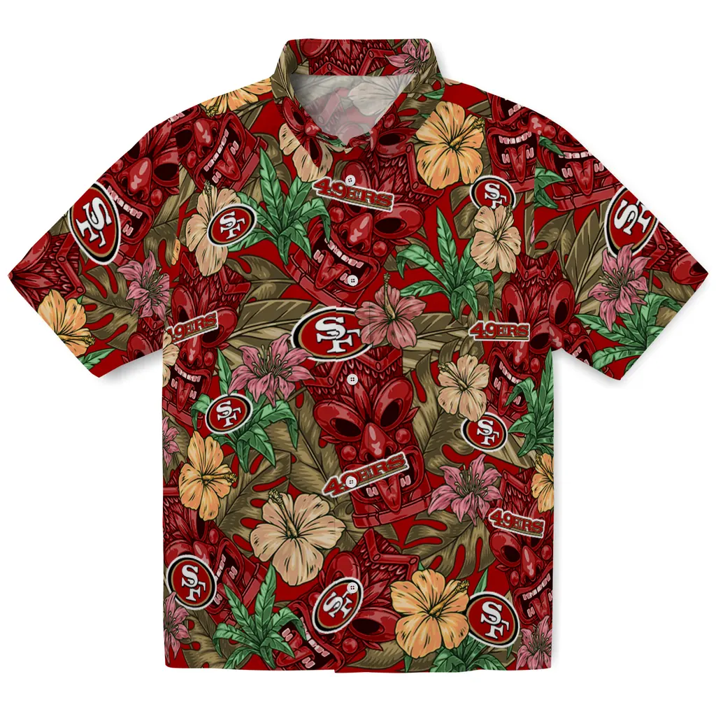 San Francisco 49ers Hawaiian Shirt - Hibiscus Tiki Jungle san francisco 49ers tiki jungle red hawaiian shirts best selling