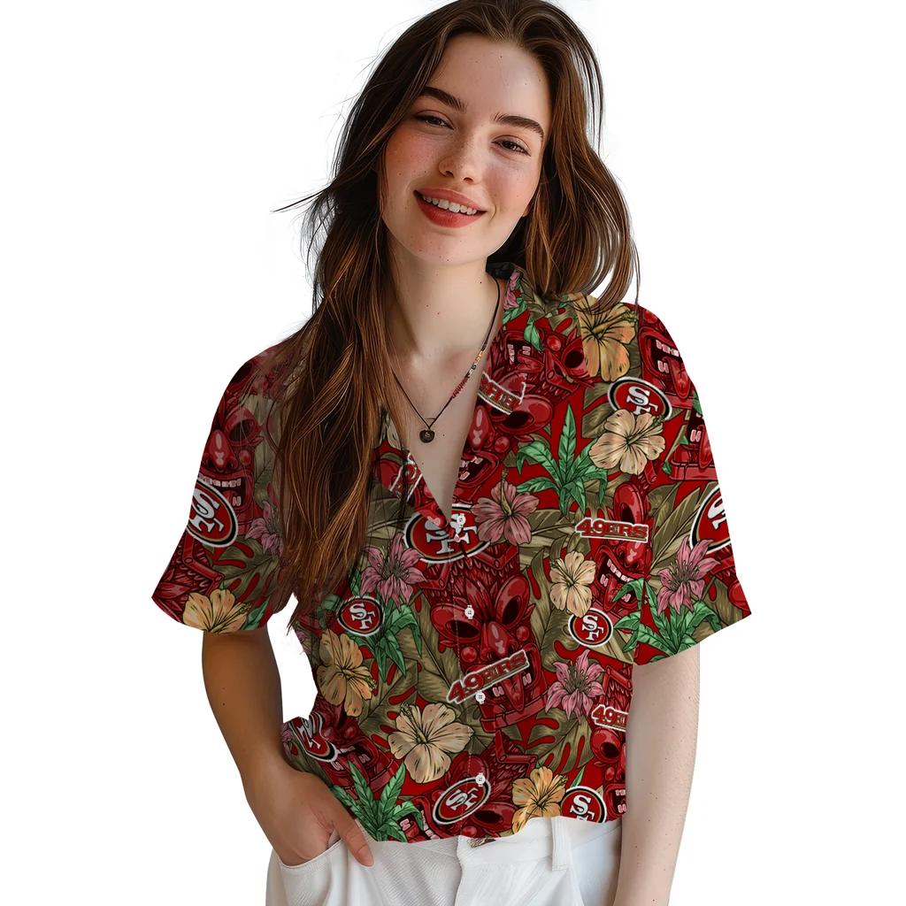 San Francisco 49ers Hawaiian Shirt - Hibiscus Tiki Jungle san francisco 49ers tiki jungle red hawaiian shirts latest model