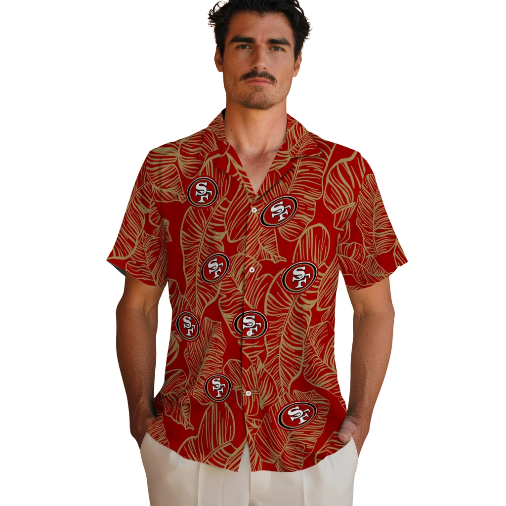 San Francisco 49ers Hawaiian Shirt - Leaf Outline san francisco 49ers leaf outline red hawaiian shirts fashion forward