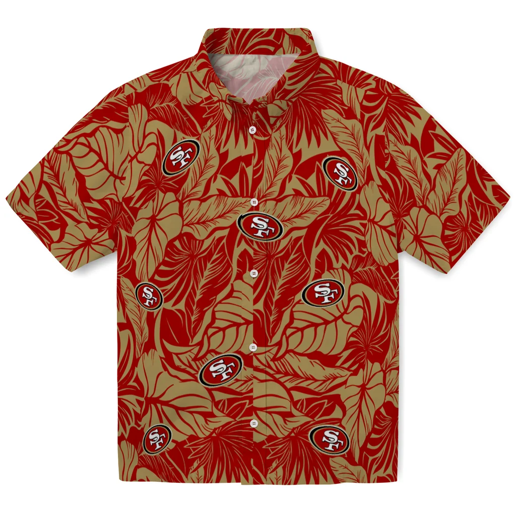 San Francisco 49ers Hawaiian Shirt - Monstera Layer san francisco 49ers monstera layer red hawaiian shirts best selling