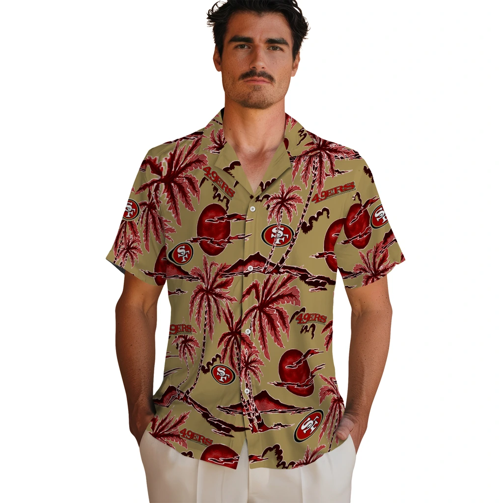 San Francisco 49ers Hawaiian Shirt - Palm Sunset san francisco 49ers palm sunset hawaiian shirts fashion forward