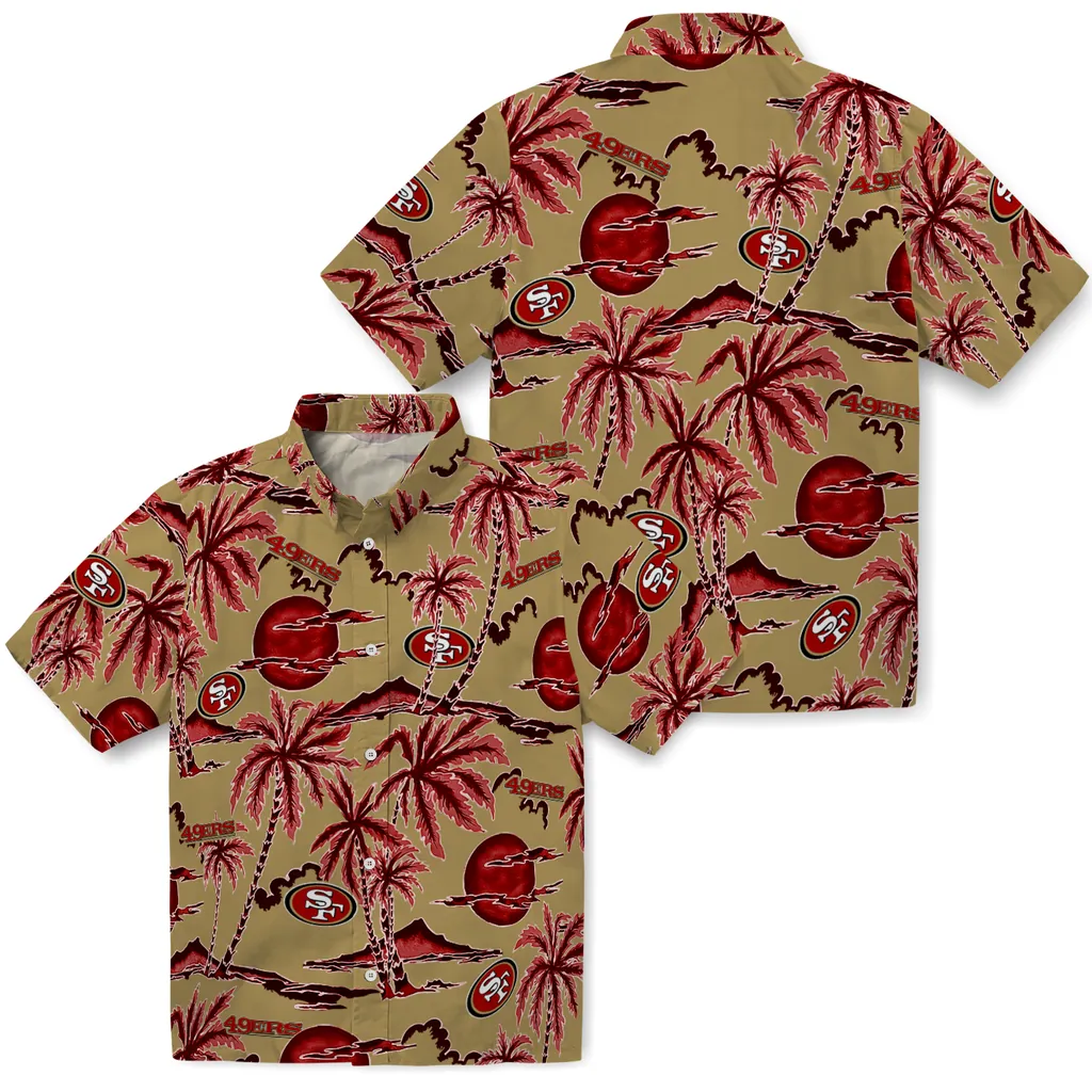 San Francisco 49ers Hawaiian Shirt - Palm Sunset san francisco 49ers palm sunset hawaiian shirts high quality