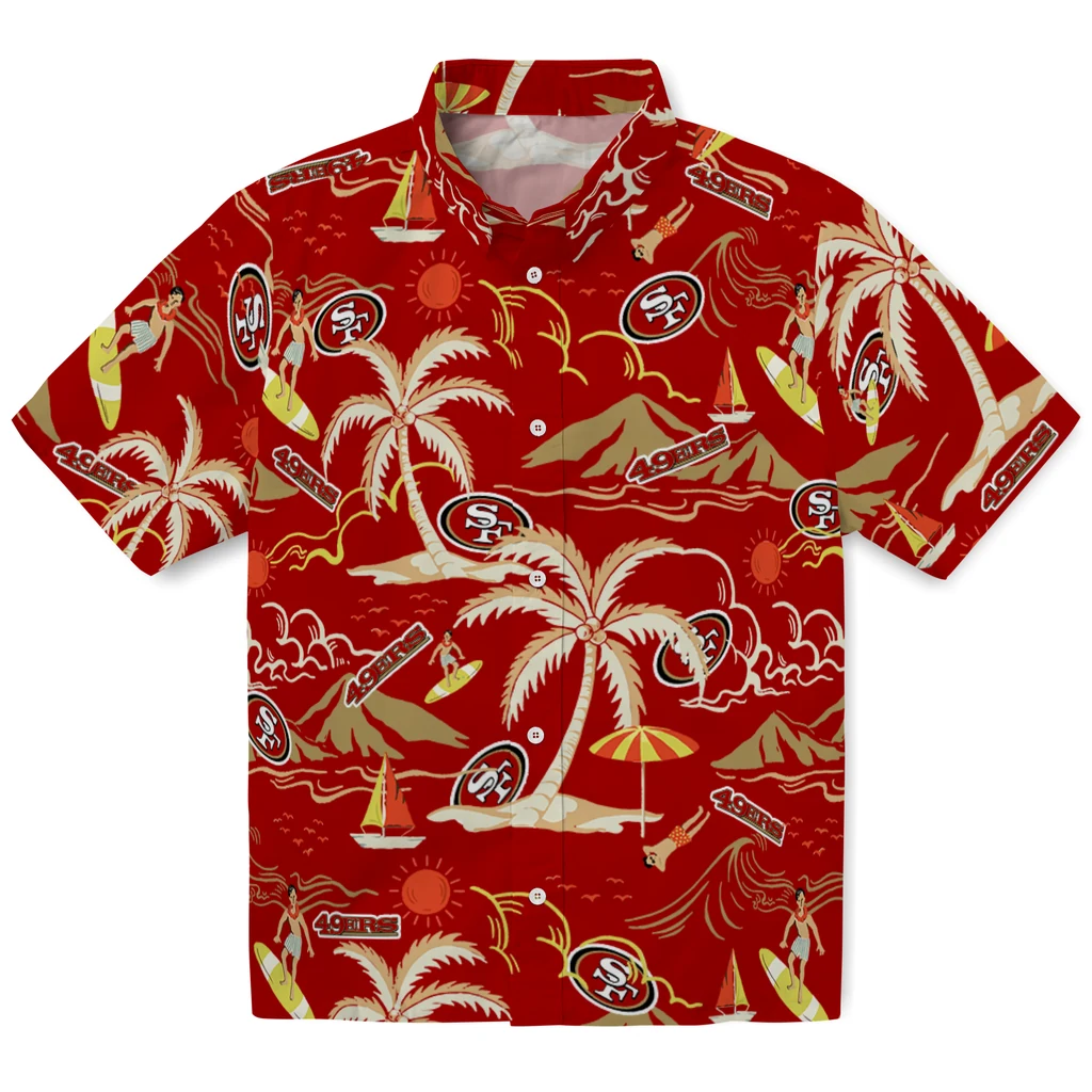 San Francisco 49ers Hawaiian Shirt - Palm Tree Island san francisco 49ers palm tree island red hawaiian shirts best selling