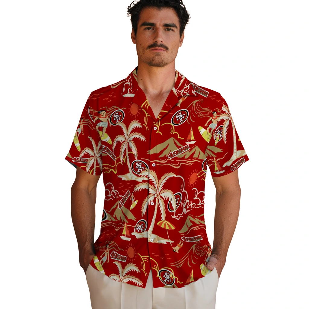 San Francisco 49ers Hawaiian Shirt - Palm Tree Island san francisco 49ers palm tree island red hawaiian shirts fashion forward