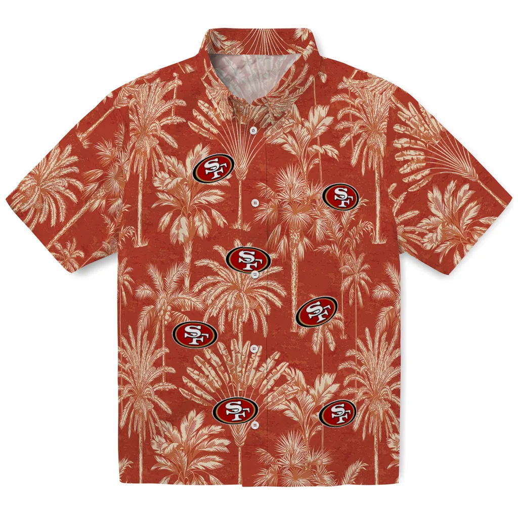 San Francisco 49ers Hawaiian Shirt - Vintage Palm Tree san francisco 49ers palm shadows red hawaiian shirts best selling