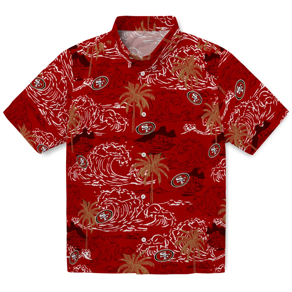 San Francisco 49ers Hawaiian Shirt - Wave Palm san francisco 49ers wave palm red hawaiian shirts best selling