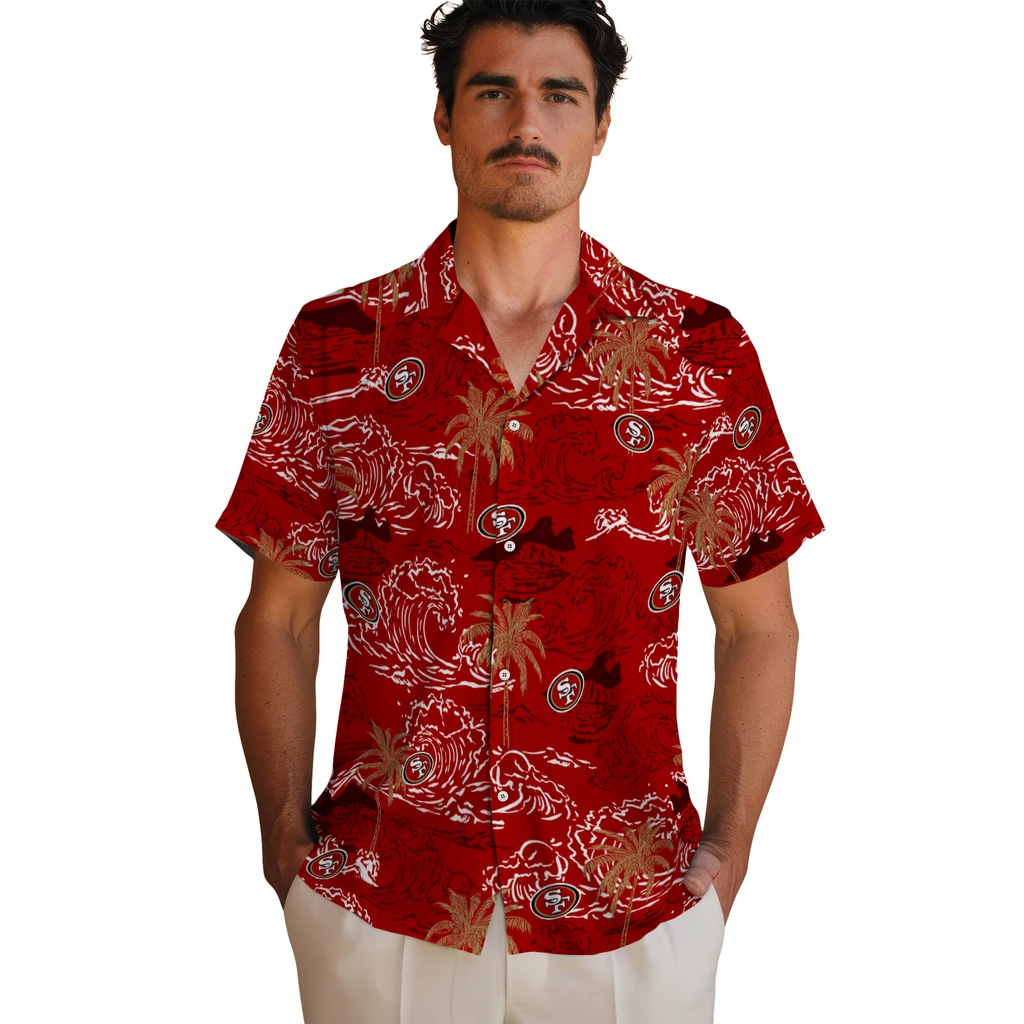 San Francisco 49ers Hawaiian Shirt - Wave Palm san francisco 49ers wave palm red hawaiian shirts fashion forward