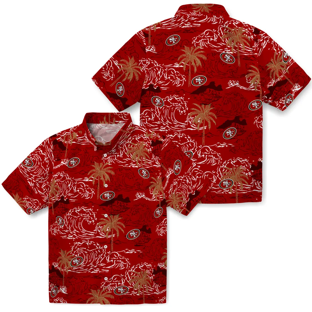 San Francisco 49ers Hawaiian Shirt - Wave Palm san francisco 49ers wave palm red hawaiian shirts high quality
