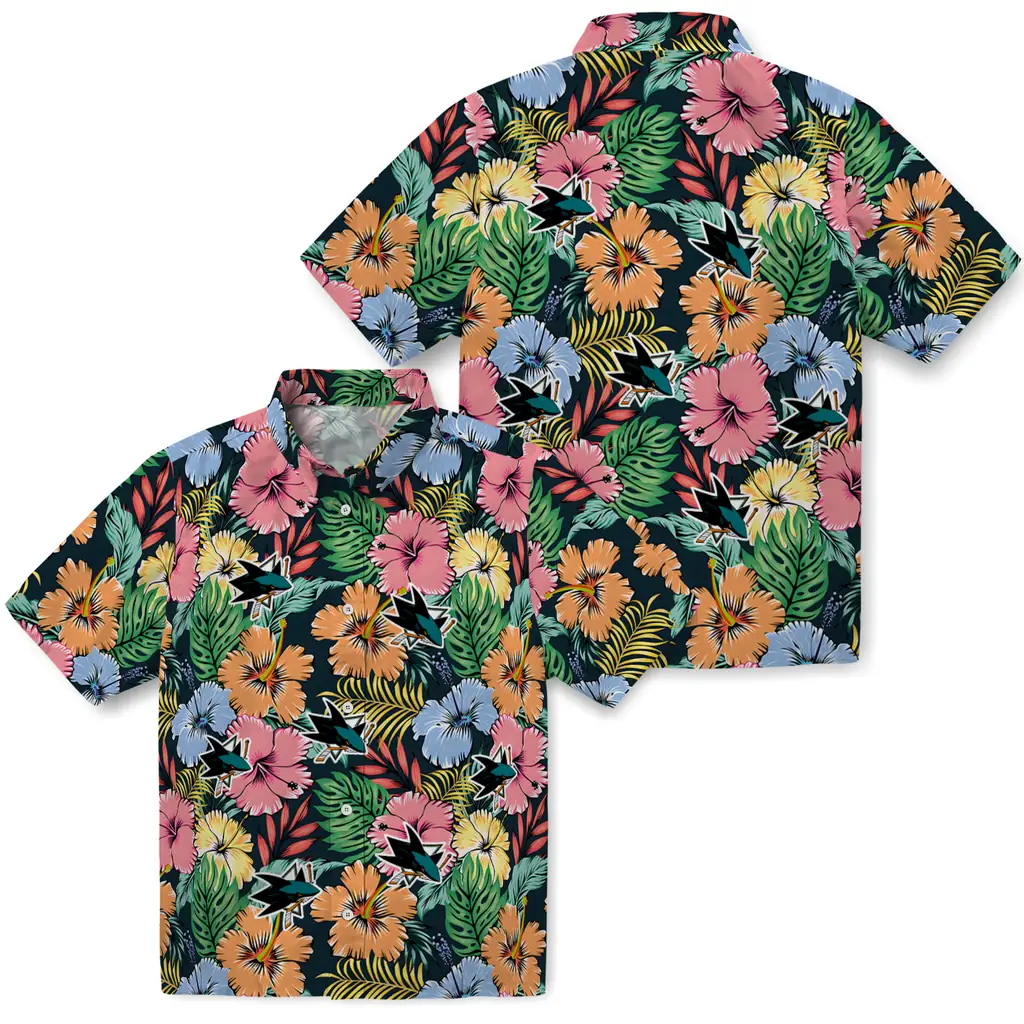 San Jose Sharks Hawaiian Shirt - Brilliant Hibiscus Garden san jose sharks brilliant hibiscus garden hawaiian shirts high quality