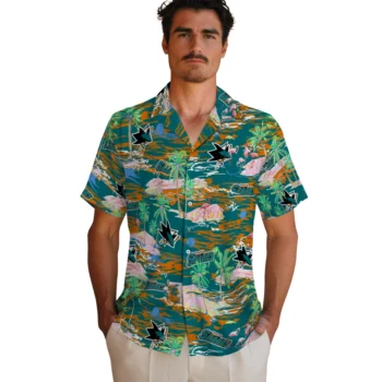 san jose sharks flamingo retreat teal hawaiian shirts fashion forward