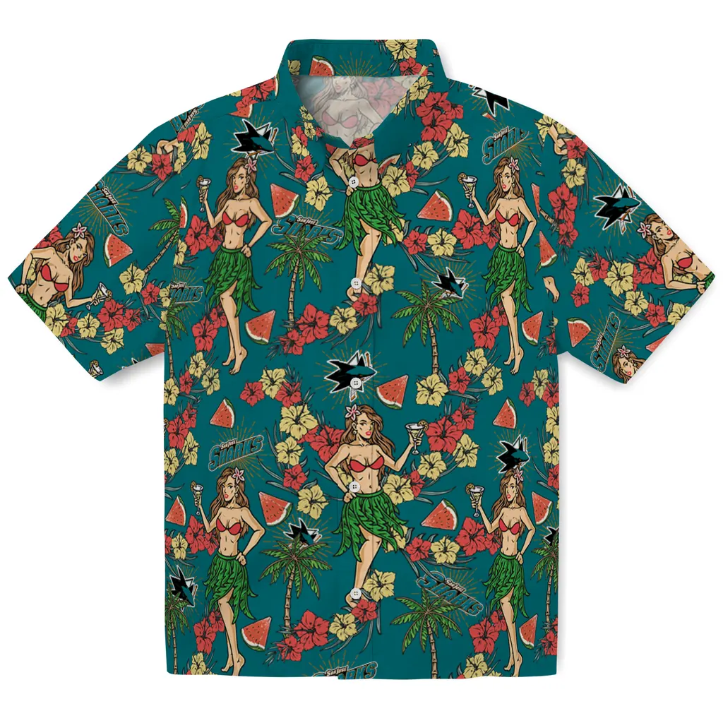 San Jose Sharks Hawaiian Shirt - Hawaiian Girls Design san jose sharks hawaiian girls design teal hawaiian shirts best selling