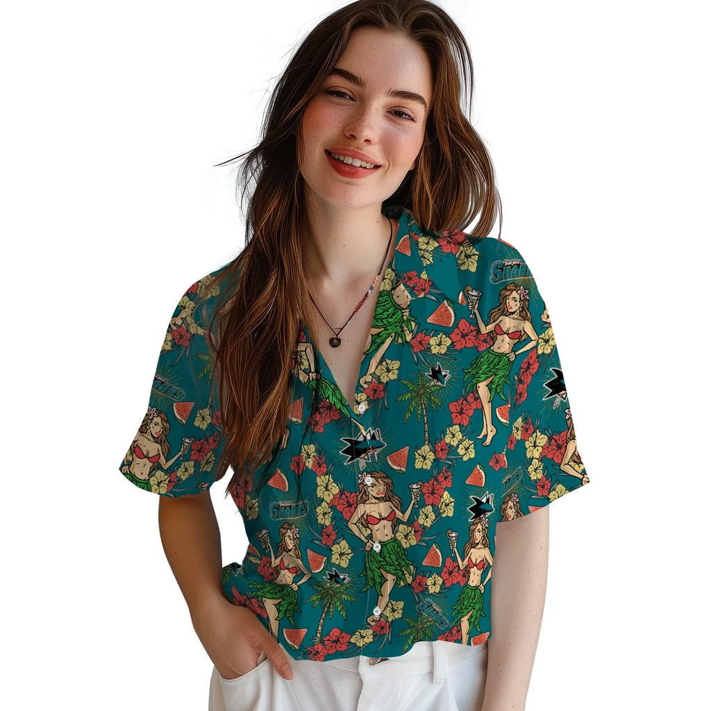 San Jose Sharks Hawaiian Shirt - Hawaiian Girls Design san jose sharks hawaiian girls design teal hawaiian shirts latest model