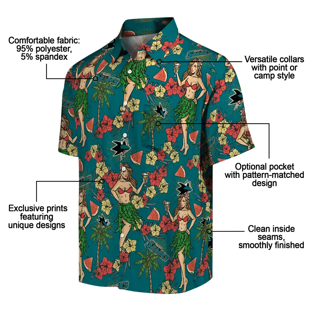 San Jose Sharks Hawaiian Shirt - Hawaiian Girls Design san jose sharks hawaiian girls design teal hawaiian shirts new arrival