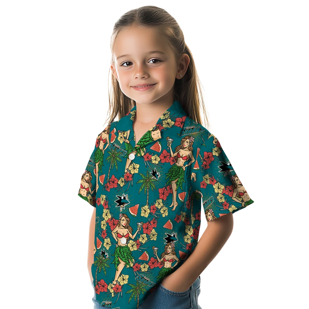 San Jose Sharks Hawaiian Shirt - Hawaiian Girls Design san jose sharks hawaiian girls design teal hawaiian shirts premium grade