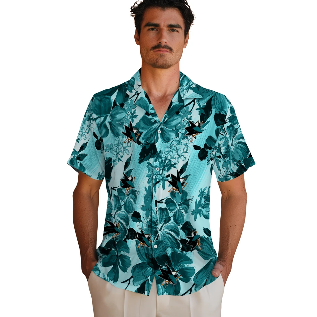 San Jose Sharks Hawaiian Shirt - Hibiscus Arrangement san jose sharks hibiscus arrangement teal hawaiian shirts fashion forward