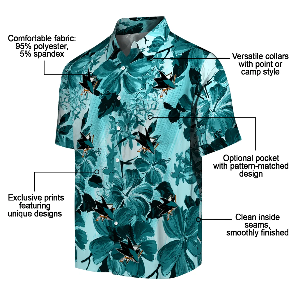 San Jose Sharks Hawaiian Shirt - Hibiscus Arrangement san jose sharks hibiscus arrangement teal hawaiian shirts new arrival