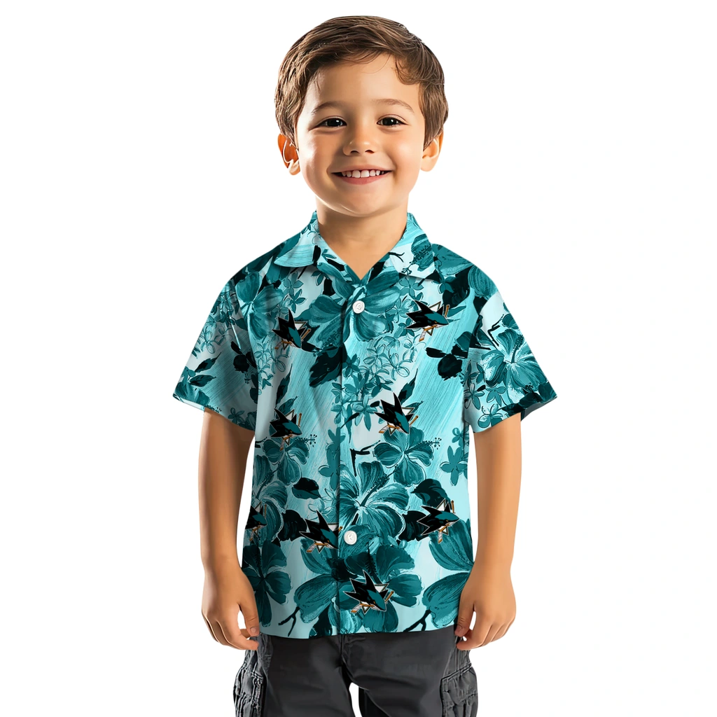 San Jose Sharks Hawaiian Shirt - Hibiscus Arrangement san jose sharks hibiscus arrangement teal hawaiian shirts top rated