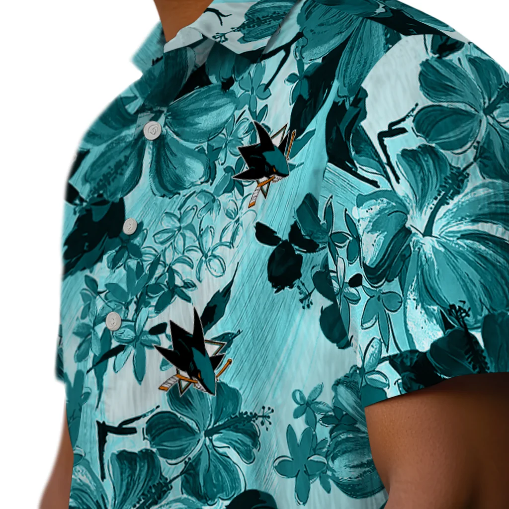 San Jose Sharks Hawaiian Shirt - Hibiscus Arrangement san jose sharks hibiscus arrangement teal hawaiian shirts trendy