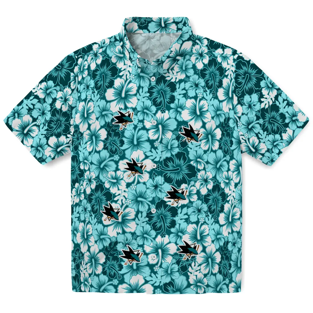 San Jose Sharks Hawaiian Shirt - Hibiscus Blooms san jose sharks hibiscus blooms teal hawaiian shirts best selling