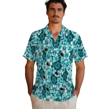 san jose sharks hibiscus blooms teal hawaiian shirts fashion forward