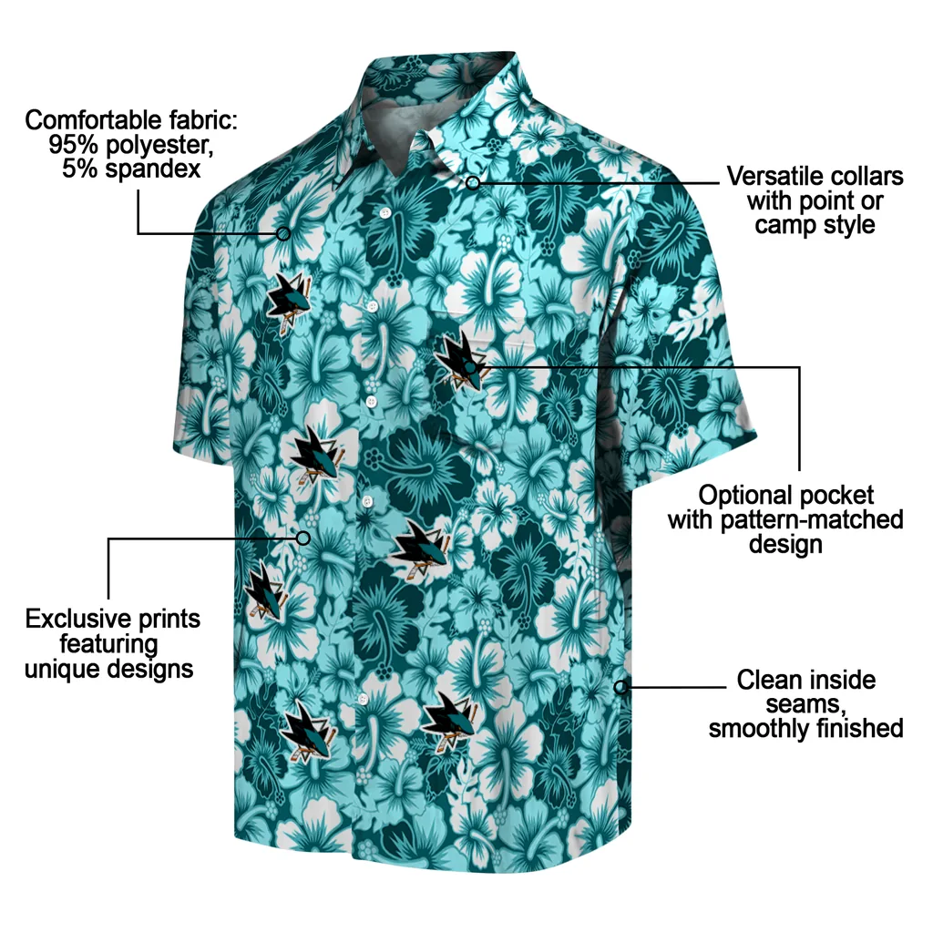 San Jose Sharks Hawaiian Shirt - Hibiscus Blooms san jose sharks hibiscus blooms teal hawaiian shirts new arrival