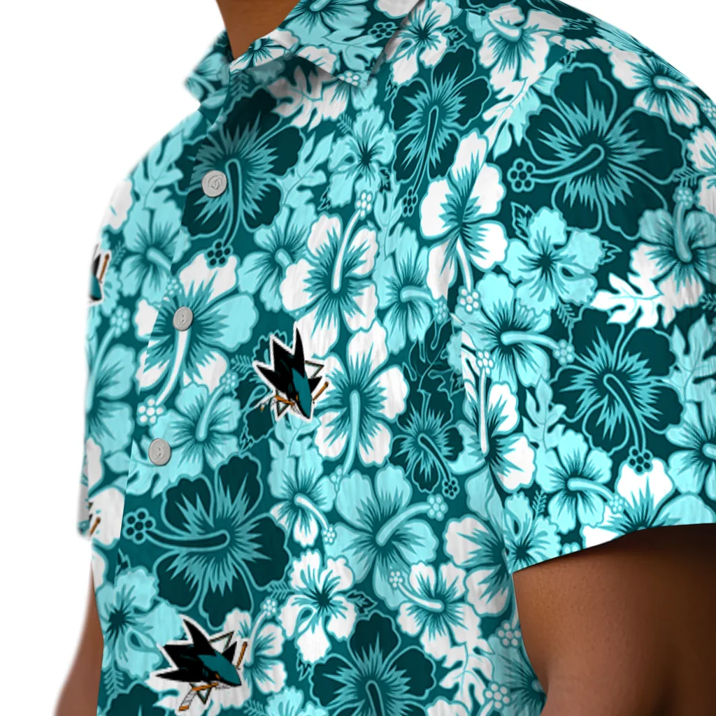 San Jose Sharks Hawaiian Shirt - Hibiscus Blooms san jose sharks hibiscus blooms teal hawaiian shirts trendy