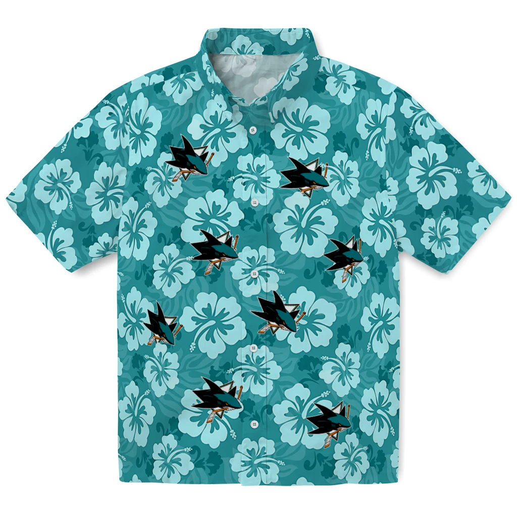 San Jose Sharks Hawaiian Shirt - Hibiscus Cluster san jose sharks hibiscus cluster teal hawaiian shirts best selling