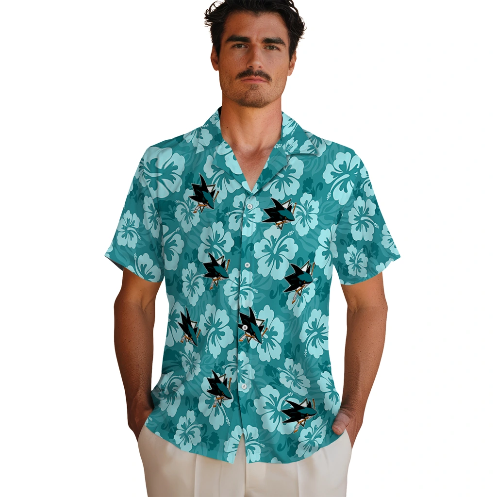 San Jose Sharks Hawaiian Shirt - Hibiscus Cluster san jose sharks hibiscus cluster teal hawaiian shirts fashion forward
