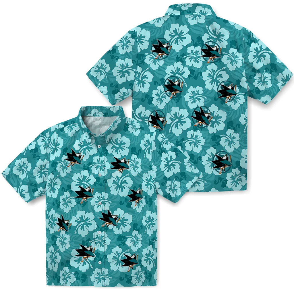San Jose Sharks Hawaiian Shirt - Hibiscus Cluster san jose sharks hibiscus cluster teal hawaiian shirts high quality