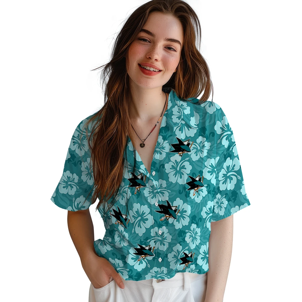 San Jose Sharks Hawaiian Shirt - Hibiscus Cluster san jose sharks hibiscus cluster teal hawaiian shirts latest model