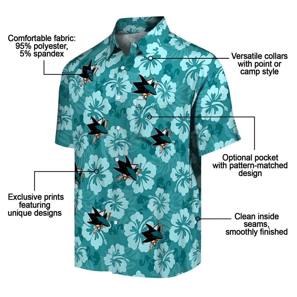 San Jose Sharks Hawaiian Shirt - Hibiscus Cluster san jose sharks hibiscus cluster teal hawaiian shirts new arrival
