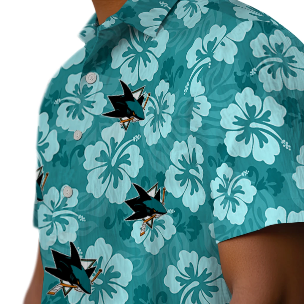 San Jose Sharks Hawaiian Shirt - Hibiscus Cluster san jose sharks hibiscus cluster teal hawaiian shirts trendy