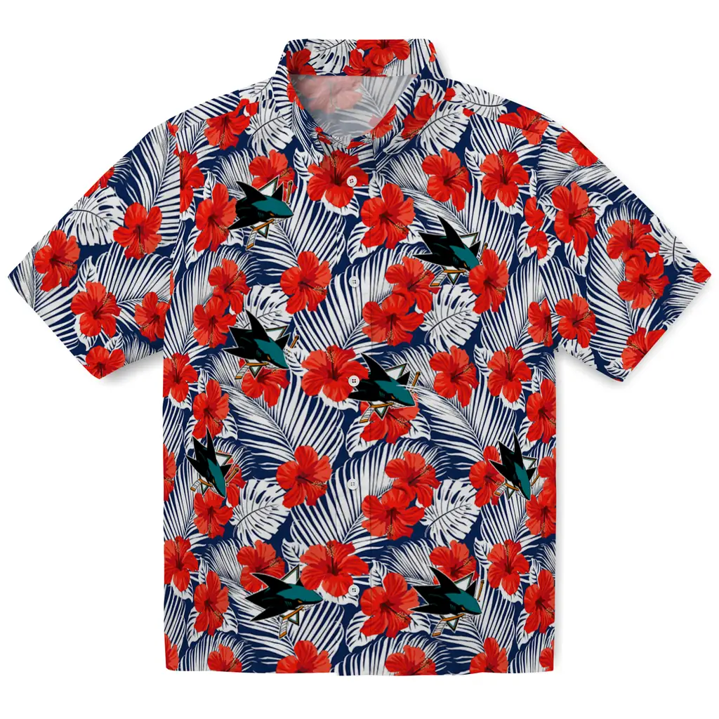 San Jose Sharks Hawaiian Shirt - Hibiscus Fiesta san jose sharks hibiscus fiesta red royal blue hawaiian shirts best selling