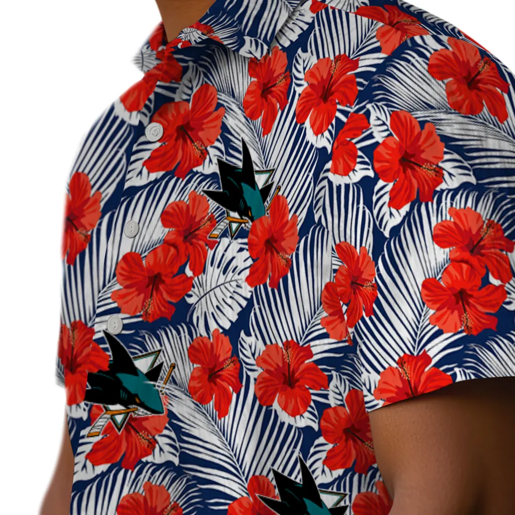San Jose Sharks Hawaiian Shirt - Hibiscus Fiesta san jose sharks hibiscus fiesta red royal blue hawaiian shirts trendy