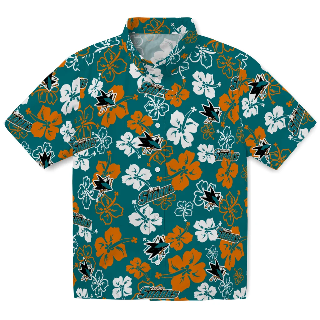 San Jose Sharks Hawaiian Shirt - Hibiscus Flower Design san jose sharks hibiscus bloom teal hawaiian shirts best selling
