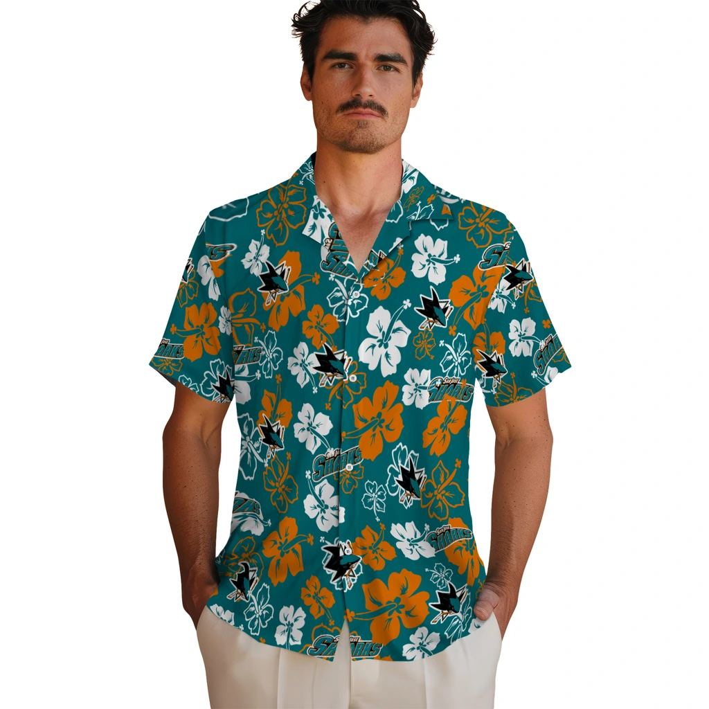 San Jose Sharks Hawaiian Shirt - Hibiscus Flower Design san jose sharks hibiscus bloom teal hawaiian shirts fashion forward