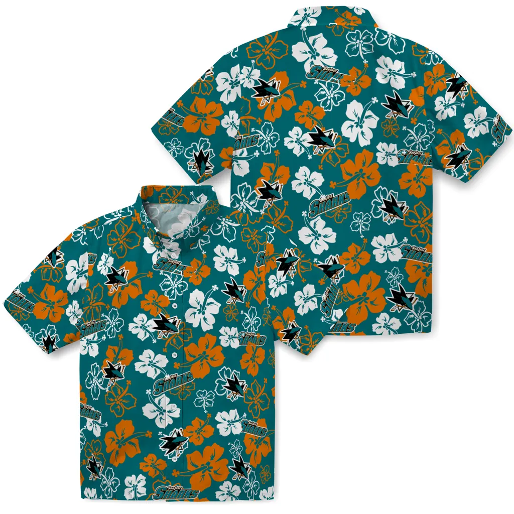 San Jose Sharks Hawaiian Shirt - Hibiscus Flower Design san jose sharks hibiscus bloom teal hawaiian shirts high quality