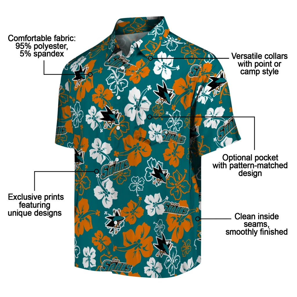 San Jose Sharks Hawaiian Shirt - Hibiscus Flower Design san jose sharks hibiscus bloom teal hawaiian shirts new arrival