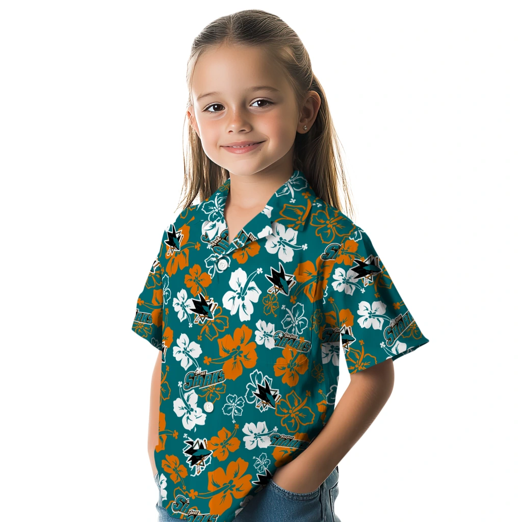 San Jose Sharks Hawaiian Shirt - Hibiscus Flower Design san jose sharks hibiscus bloom teal hawaiian shirts premium grade