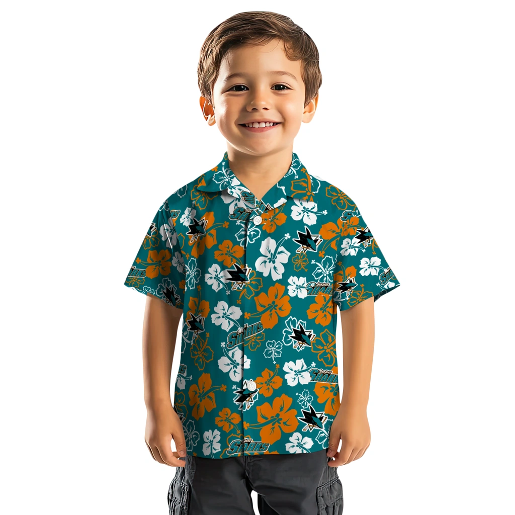 San Jose Sharks Hawaiian Shirt - Hibiscus Flower Design san jose sharks hibiscus bloom teal hawaiian shirts top rated