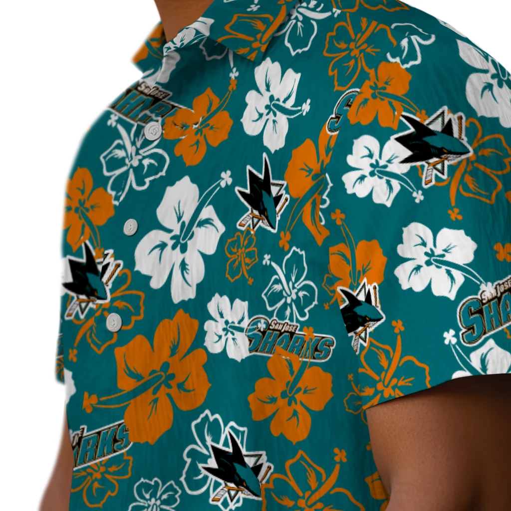San Jose Sharks Hawaiian Shirt - Hibiscus Flower Design san jose sharks hibiscus bloom teal hawaiian shirts trendy