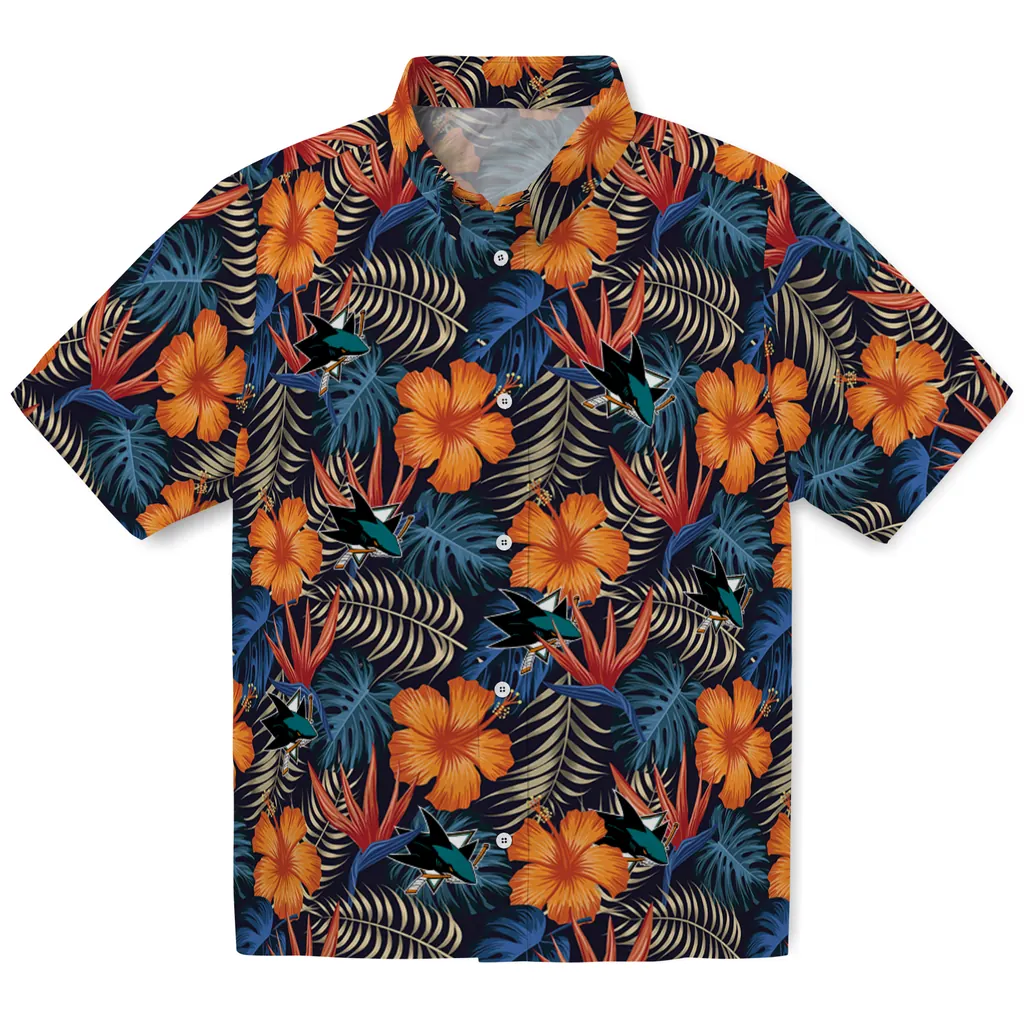 San Jose Sharks Hawaiian Shirt - Hibiscus Foliage san jose sharks hibiscus foliage hawaiian shirts best selling