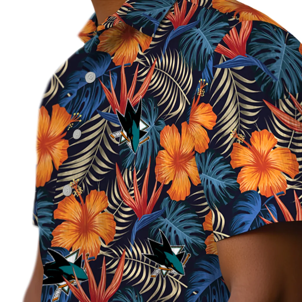 San Jose Sharks Hawaiian Shirt - Hibiscus Foliage san jose sharks hibiscus foliage hawaiian shirts trendy