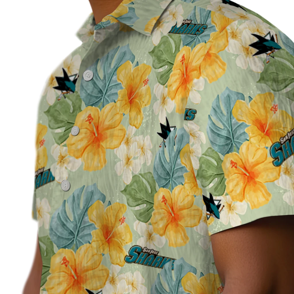 San Jose Sharks Hawaiian Shirt - Hibiscus Mood san jose sharks hibiscus mood pale lime yellow hawaiian shirts trendy