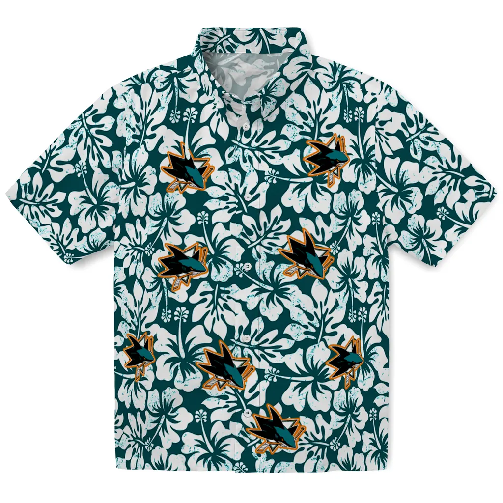 San Jose Sharks Hawaiian Shirt - Hibiscus Motif san jose sharks hibiscus motif teal white hawaiian shirts best selling