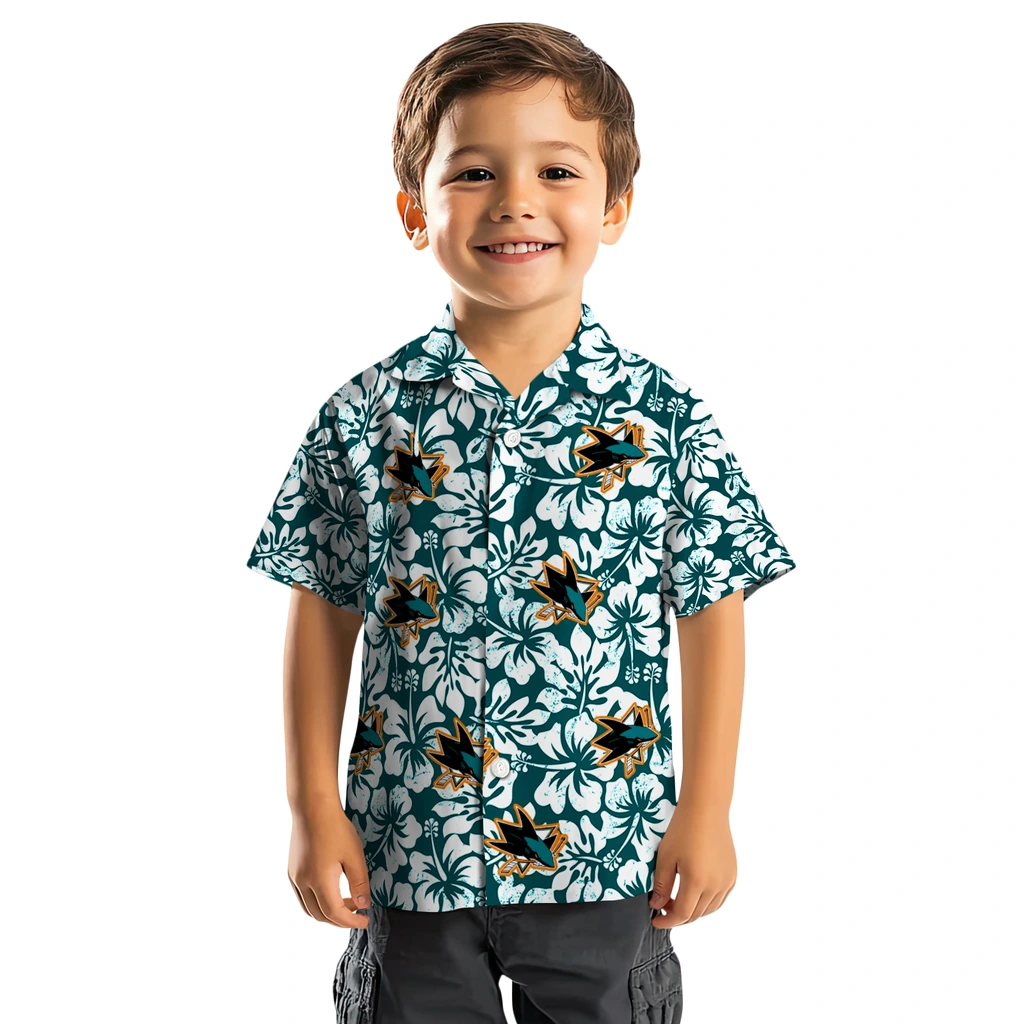 San Jose Sharks Hawaiian Shirt - Hibiscus Motif san jose sharks hibiscus motif teal white hawaiian shirts top rated