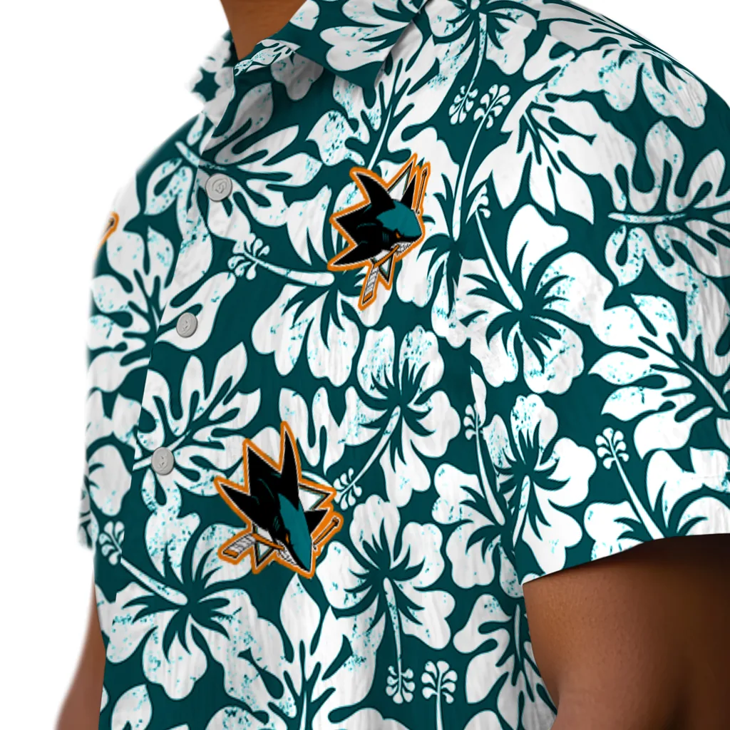 San Jose Sharks Hawaiian Shirt - Hibiscus Motif san jose sharks hibiscus motif teal white hawaiian shirts trendy