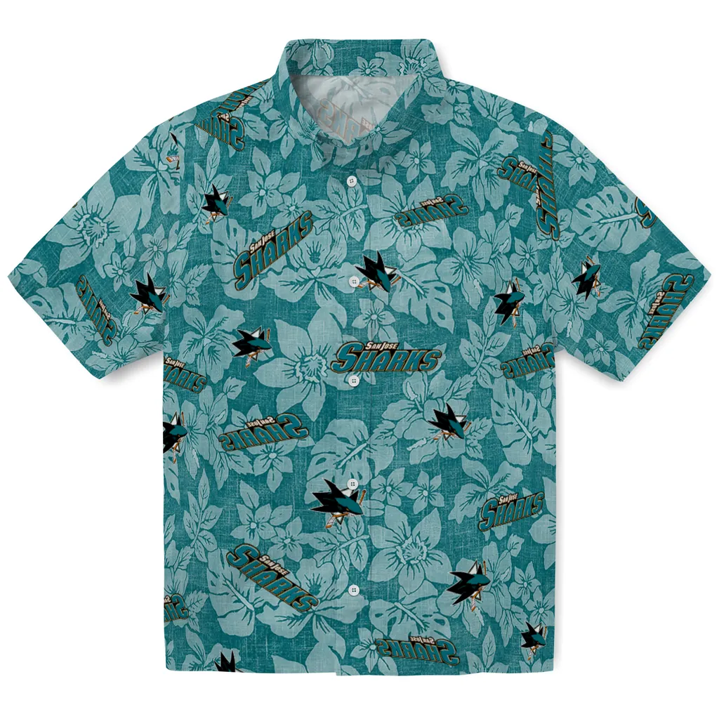 San Jose Sharks Hawaiian Shirt - Hibiscus Oasis san jose sharks hibiscus oasis teal hawaiian shirts best selling